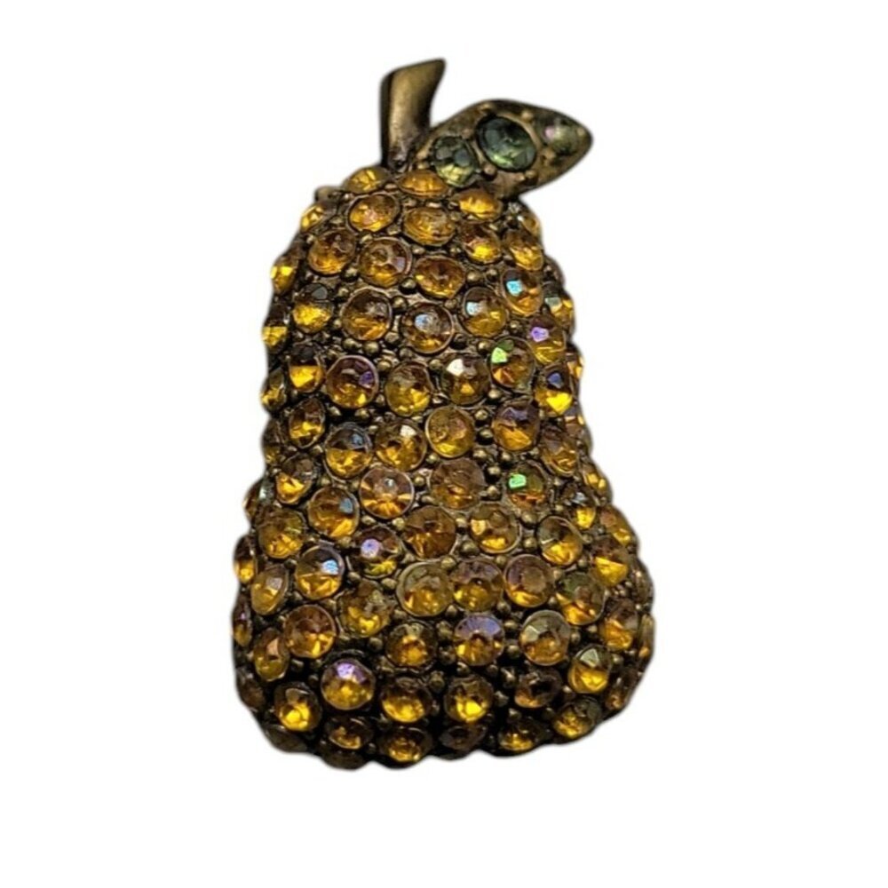 LAILA ROWE Brooch Yellow Rhinestone Pave Small Pear Fruit Vintage Marked w/Star